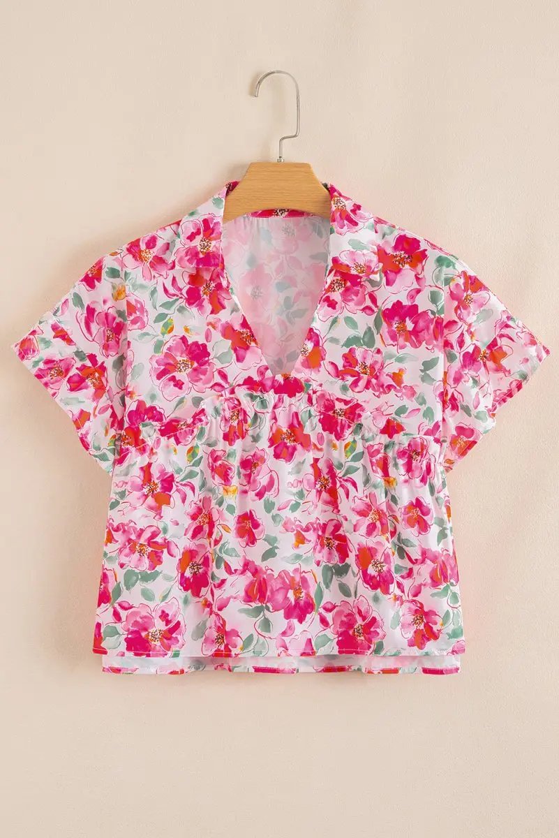 Pink Floral Boxy Fit Ruffled Short Sleeve V Neck Blouse - Love Salve